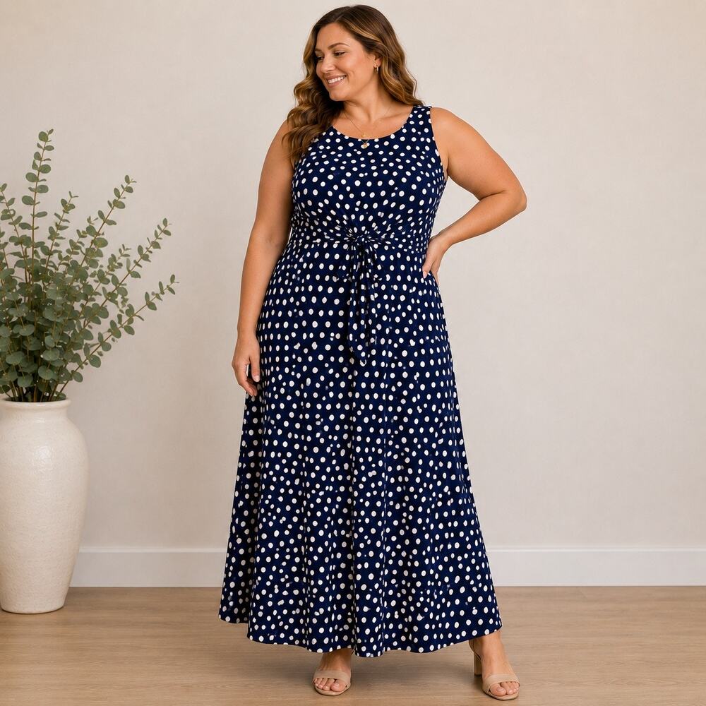 Jessica Howard Navy Polka Dot Sleeveless Maxi Dress Sz 16